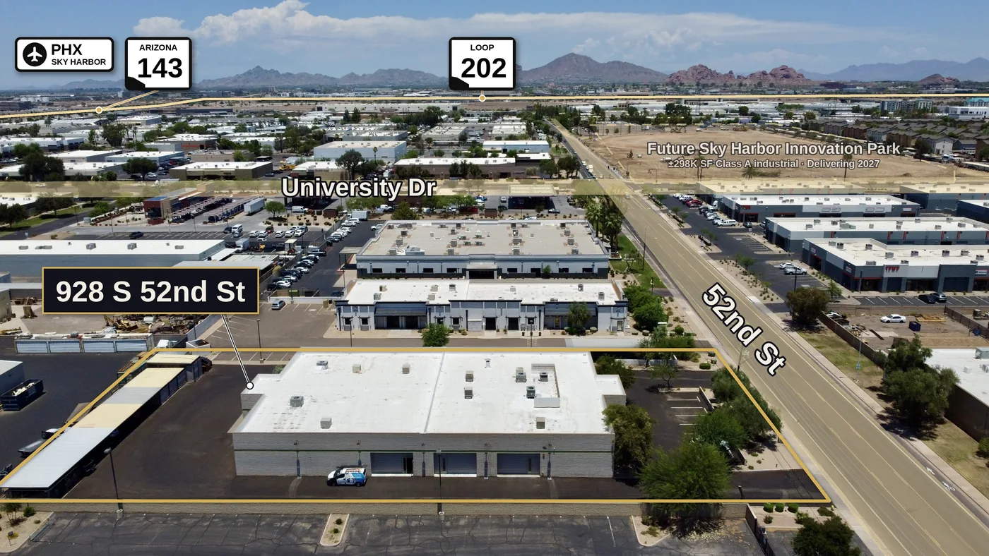 Aerial of 928 S 52nd St, Tempe, an industrial flex building for sale near SR-143, Loop 202 and Sky Harbor